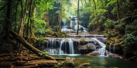 Landscape Waterfall Tropical forest, Panoramic beautiful deep forest waterfall, AI generated.