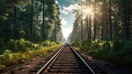 Fototapeta premium Forest trees along a railroad on an summer afternoon, Train tracks travel concept, Train Travel Landscape Background, AI generated.