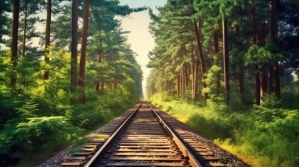 Forest trees along a railroad on an summer afternoon, Train tracks travel concept, Train Travel Landscape Background, AI generated.