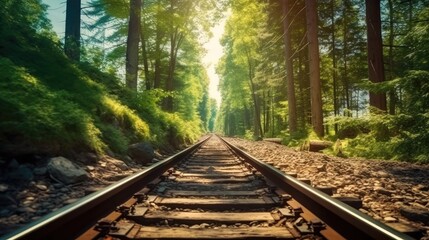 Fototapeta premium Train with Forest trees along a railroad, Train travels, Trees along the railway, AI generated.
