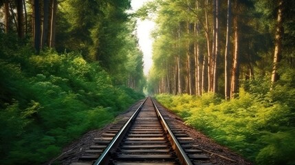 Journey Through the Rails, Exploring the Majestic Landscape Along the Railroad, Train with Forest trees along a railroad, AI generated.