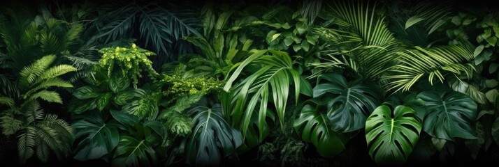 Fototapeta na wymiar Natural green wallpaper and background, Monstera, fern and palm leaves tropical foliage plant bush nature backdrop, AI generated.