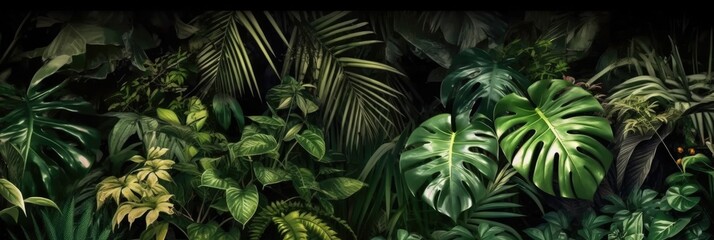 Closeup nature view of green leaf and palms background, Dark nature concept, Tropical leaf, AI generated.