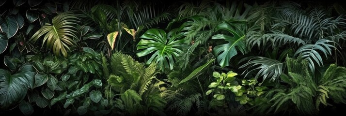 Natural green wallpaper and background, Monstera, fern and palm leaves tropical foliage plant bush nature backdrop, AI generated.