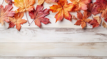 Naklejka na ściany i meble Festive autumn leaves decor on white wooden table with copy space. Generative Ai