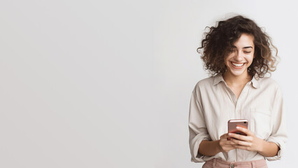 Banner of a woman holding her phone and smiling against light background with plenty of blank space for your advertisement