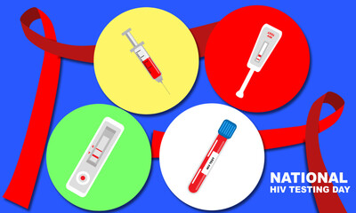 various HIV testing tools: Antibody-Antigen Test, Antibody Test and PCR Test with a red ribbon commemorating National HIV Testing Day on June 27
