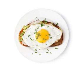 Delicious sandwich with fried egg on white background