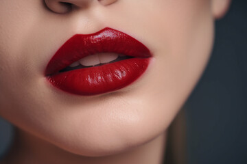 Fototapeta premium healthy human lips with red lipstick , Skincare and beauty and cosmetic concept , Generative AI