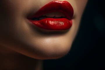 Fototapeta premium A healthy human lips with red lipstick , Skincare and beauty and cosmetic concept , Generative AI