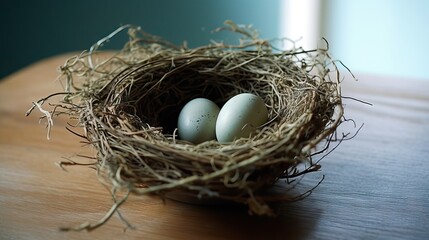 Image of a beautiful bird's nest perched high in a tree. This serene scene captures the peace and natural beauty of bird life. Generative AI