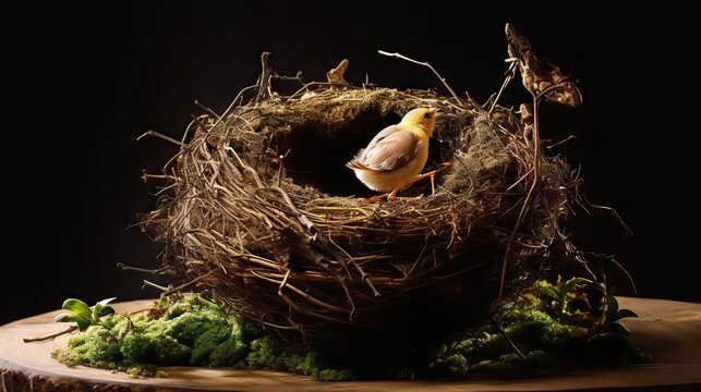 Image of a beautiful bird's nest perched high in a tree. This serene scene captures the peace and natural beauty of bird life. Generative AI