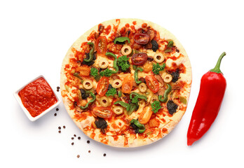 Vegetable pizza with sauce on white background