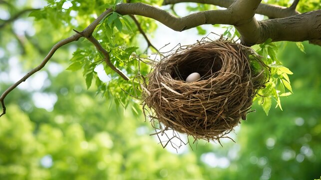 Image of a beautiful bird's nest perched high in a tree. This serene scene captures the peace and natural beauty of bird life. Generative AI