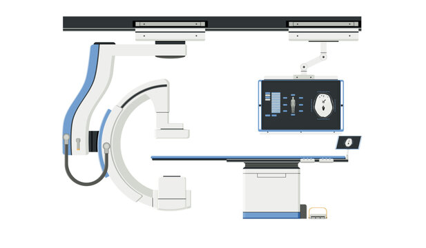 X-ray fluoroscopy machine Examination of various organs of the body that requires the use of contrast medium along with X-ray photography, cath lab department in the hospital. Flat design