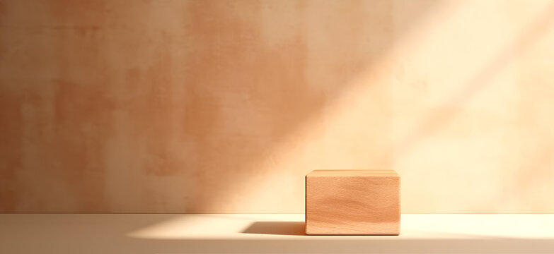 Abstract minimal concept. Cube square wood podium on background with afternoon sunlight shadow. Mock up template for product presentation. 3D rendering. copy text space	
