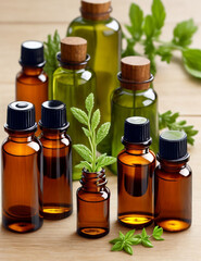 Bottles with essential oils and fresh herbs
,essential oils with herbs