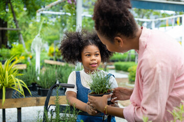 African mother and daughter is choosing vegetable and herb plant from the local garden center nursery with shopping cart full of summer plant for weekend gardening and outdoor