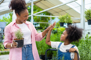 African mother and daughter is choosing vegetable and herb plant from the local garden center...