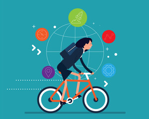 Businesswoman on bicycles cycling to work. Vector illustration modern office workers business concept,