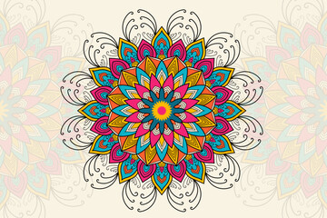 Vector hand drawn bright coloring doodle mandala organic shapes design. Ethnic mandala with colorful tribal ornament. Luxury wedding and book cover design.