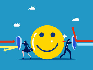 Protect a good mood. Business man and woman holding shield to protect positive thinking