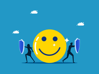 Protect a good mood. Business man and woman holding shield to protect positive thinking