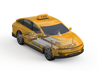 Yellow ev taxi or electric vehicle with pack of battery cells module