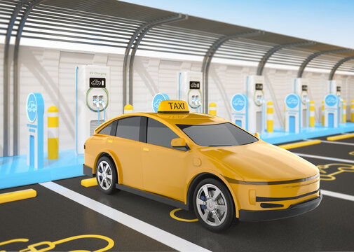 Yellow ev taxi or electric vehicle at charging station