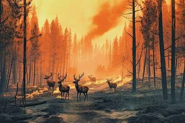 Deers escape forest fire. Generative AI