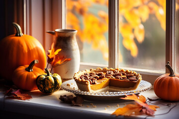 Pumpkin pie near the window with autumn decoration. Generative AI
