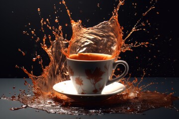 Coffee splashing out of a cup isolated on black background.. Ai Generative AI