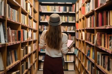 Pretty young female choosing a good book rear view