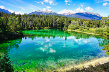 Aquamarine blue-green shades of the magnificient and beautiful lakes in the Valley of Five Lakes Region near Jasper in the Canada Rockies