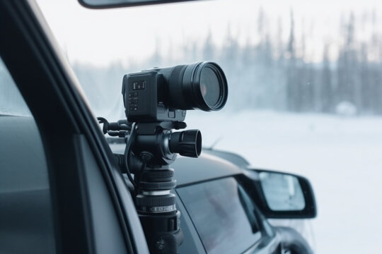 Professional camera in a car in a daylight on a winter day we see it in close-up from the side,
