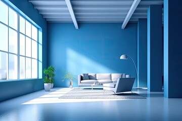 a blue and white color set up living room along with lamp and sofa 