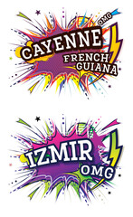 Izmir Turkey and Cayenne French Guiana Comic Text in Pop Art Style Isolated on White Background.