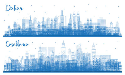 Outline Casablanca Morocco and Dakar Senegal City Skyline Set with Blue Buildings.