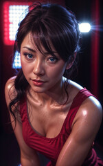 Naklejka premium beautiful strong woman in dark room with red and blue light, Generative AI