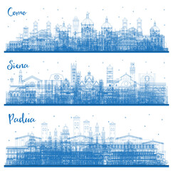 Outline Siena, Padua and Como Italy City Skyline Set with Blue Buildings.
