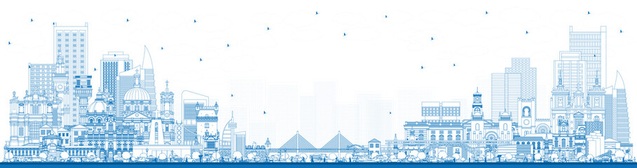 Welcome to Portugal. Outline City Skyline with Blue Buildings. - obrazy, fototapety, plakaty