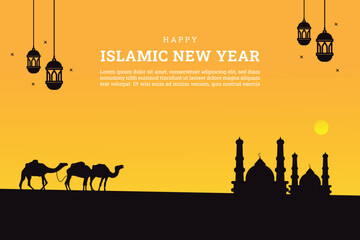 Happy new hijri year islamic greeting banner with camel arabian