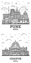 Outline Udaipur and Pune India City Skyline Set with Historic Buildings Isolated on White.