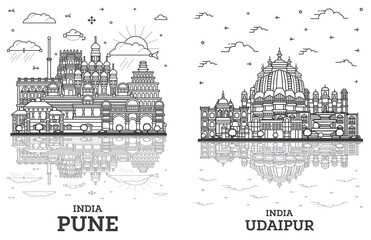 Outline Udaipur and Pune India City Skyline Set with Historic Buildings and Reflections Isolated on White.
