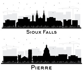 Pierre and Sioux Falls South Dakota City Skyline Silhouette Set.