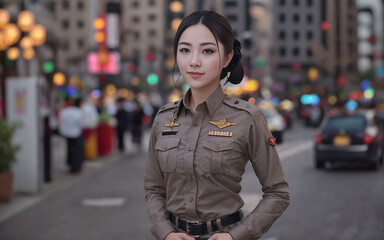 Fototapeta premium portrait of beautiful Thai asian police woman wearing uniform, Generative AI