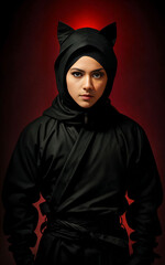 woman in black ninja suit at dark room, Generative AI