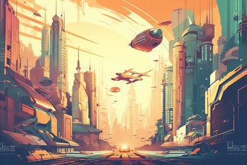 Futuristic Cityscape with Vibrant Colors and Flying Vehicles Created with Generative AI