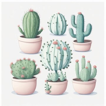 set of cactus on white background generativeAI