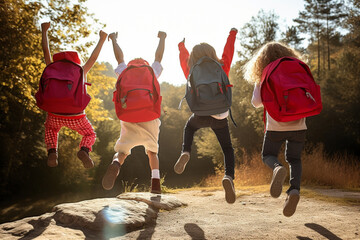 Rear-view of five children jumping in the air wearing backpacks